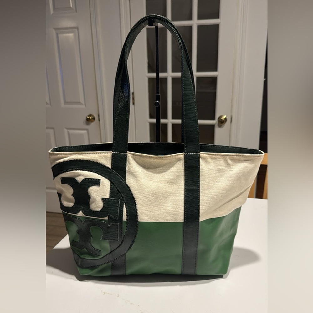 Tory Burch Green and Cream Canvas Tote